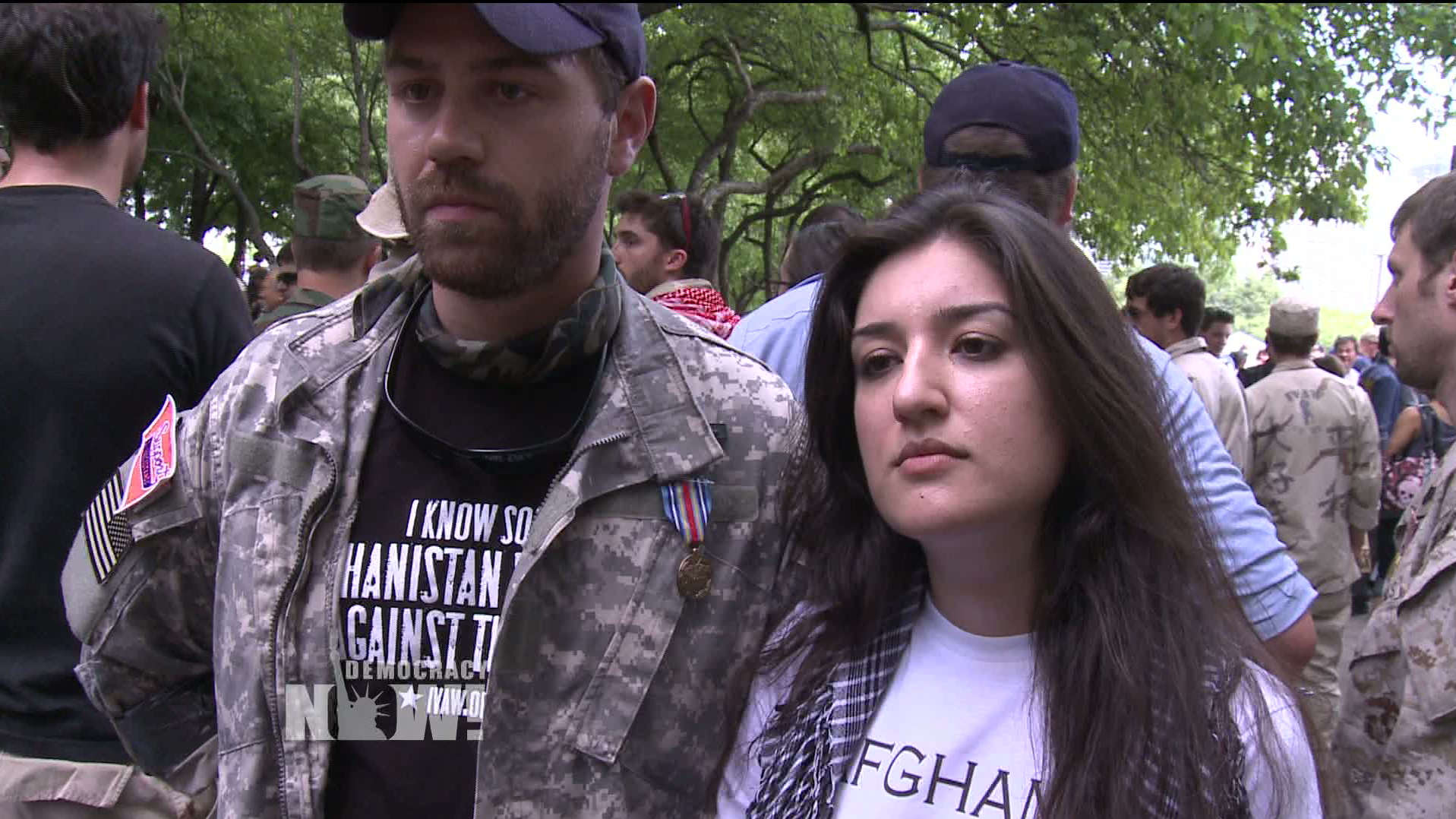 image of a US Army veteran and member of Afghans for Peace being interviewed for Democracy Now