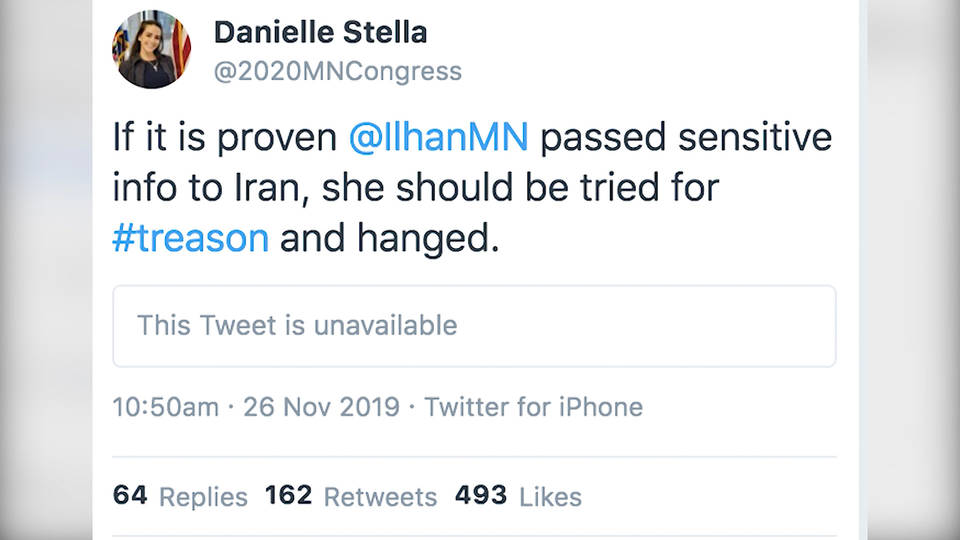H9 twitter account suspended ilhan omar challenger danielle stella republican spying treason deleted tweet
