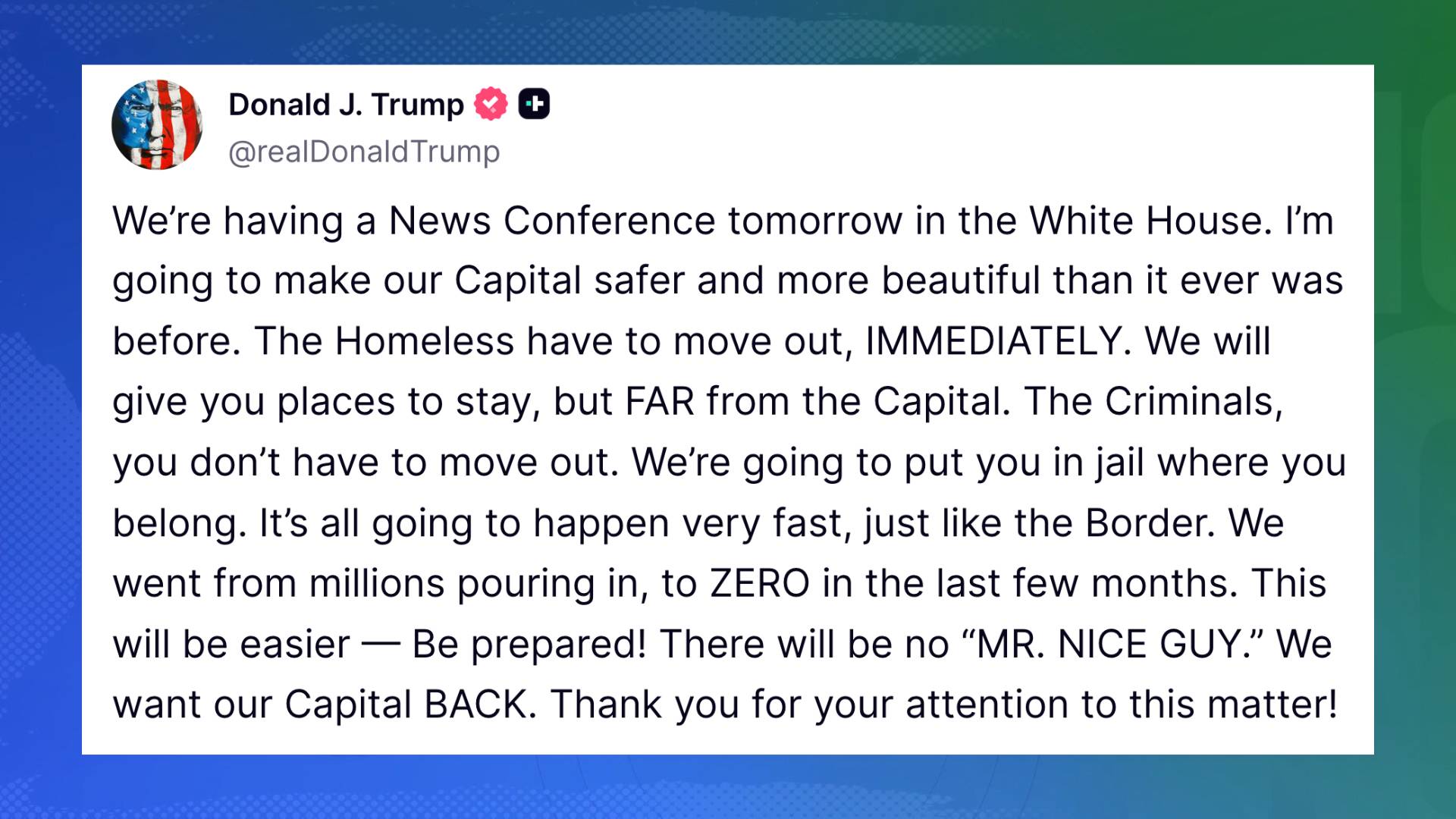 President Trump Threatens Homeless People to Immediately Move Out of ...