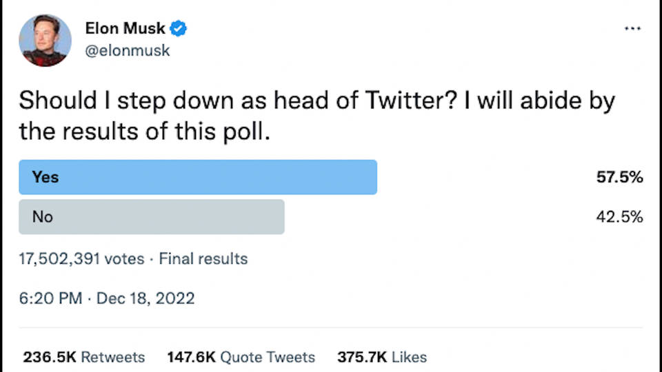 Elon Musk pierde la encuesta de Twitter en la que preguntaba si debería  renunciar como director ejecutivo de Twitter | Democracy Now!